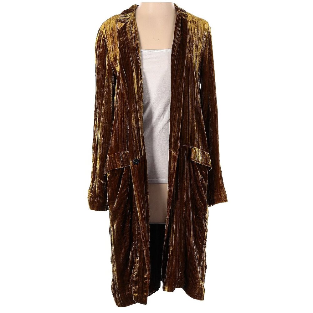 ZARA Woman Velvet Silk Blend Long Jacket Mustard Gold Textured Coat S - Picture 2 of 4